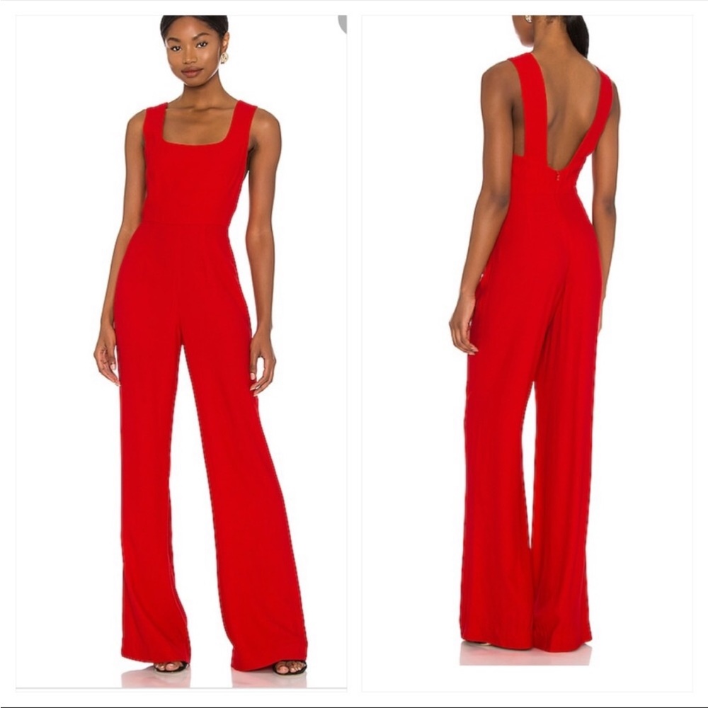 Saloni Jules Square Jumpsuit Light Viscose Crepe Jumpsuit In Scarlet Red Size 10